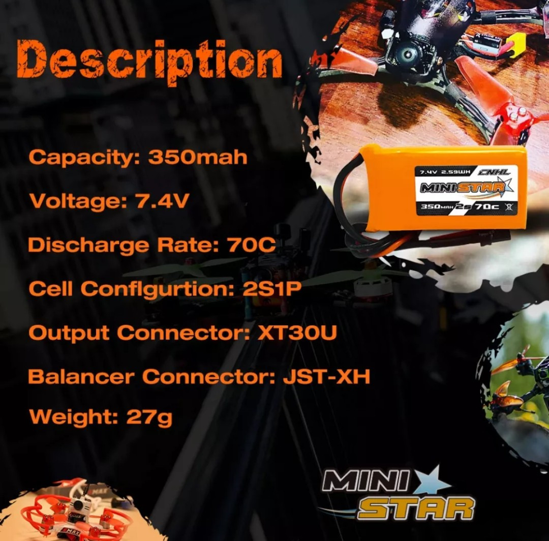 Lipo CNHL 2S 7.4v 350mah 70C Shock flyer 2mm